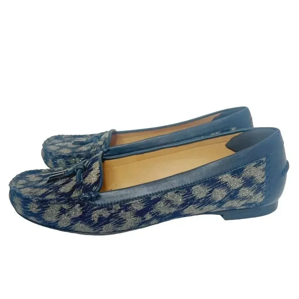 Stuart Weitzman Blue Leather and Gold Glitter Loafer Flats Size 8.5